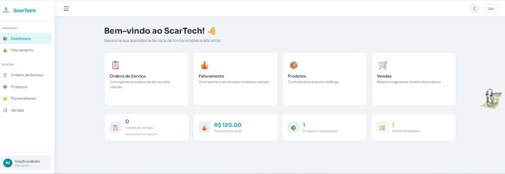 ScarTech: dashboard com atalhos para ordens de serviço, faturamento, produtos, fornecedores e vendas