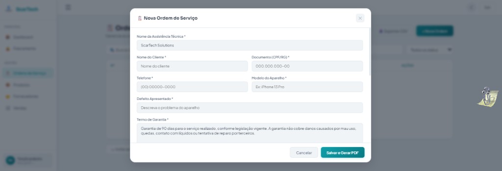 ScarTech: modal Nova Ordem de Serviço com dados do cliente, aparelho, defeito e opção Salvar e Gerar PDF