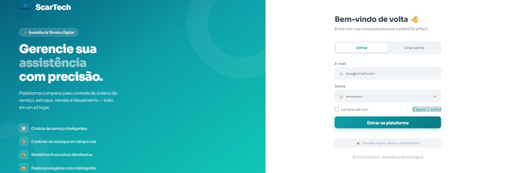 ScarTech: página inicial com apresentação da plataforma e formulário de login