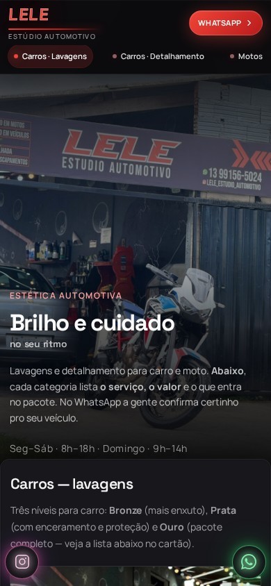 Site Lelê Estúdio Automotivo em celular