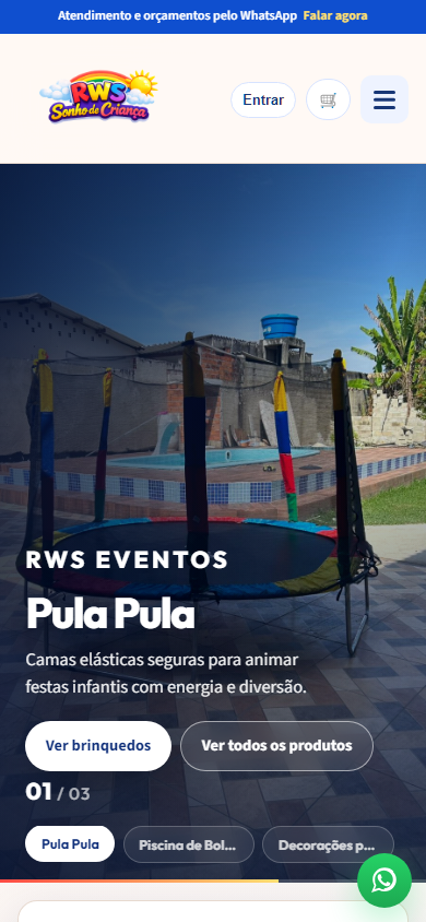 Loja virtual RWS Eventos em celular